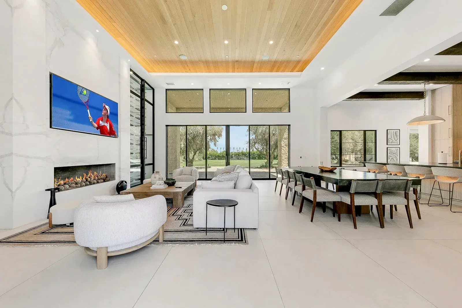 The great room with stone fireplace