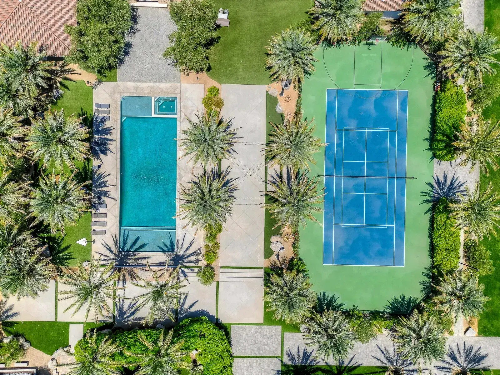 Aerial view of the pools and courts used for corporate offsites