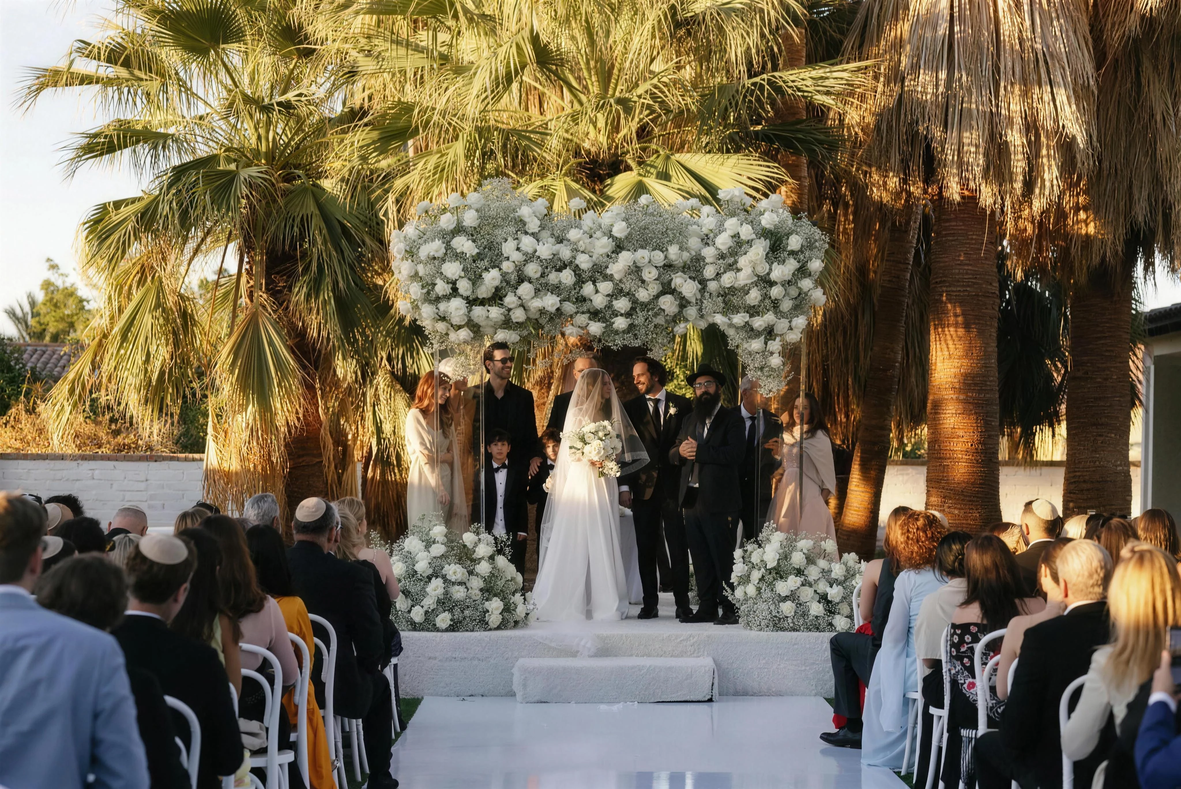 A wedding ceremony beneath a floral arch on the estate lawn